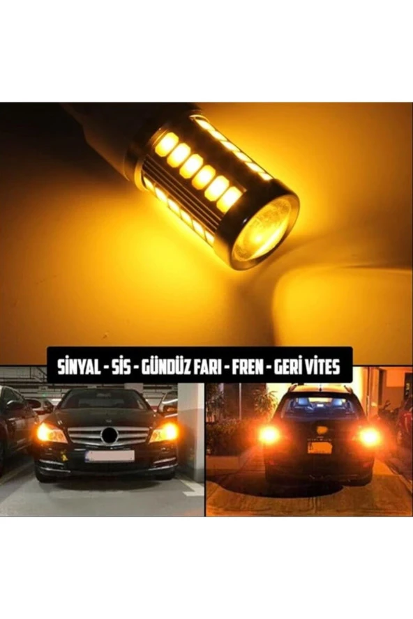 2 Adet T20 Led Ampul Mercekli 33 Ledli Çift Duy Turuncu - Resim 2