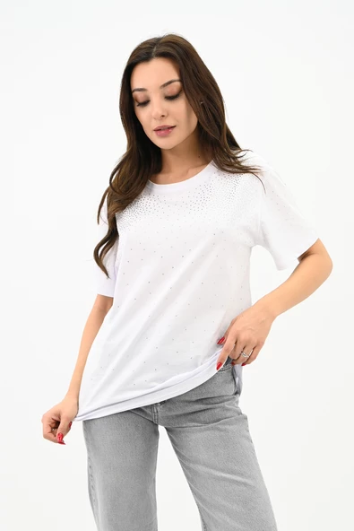 Kadın Taş Baskı Detaylı T-shirt 1749-24 - 7