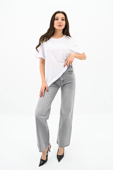 Kadın Taş Baskı Detaylı T-shirt 1749-24 - 9