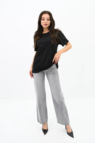 Kadın Taş Baskı Detaylı T-shirt 1749-24 - 4