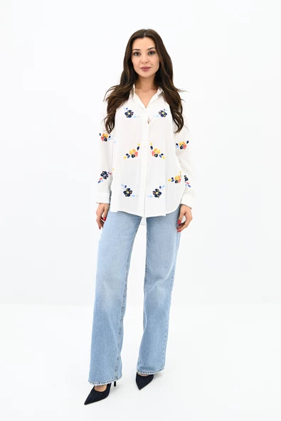 Kadın Nakış İşlemeli Oversize Gömlek 1735-24 - 3