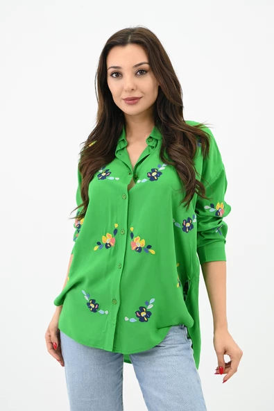Kadın Nakış İşlemeli Oversize Gömlek 1735-24 - 6