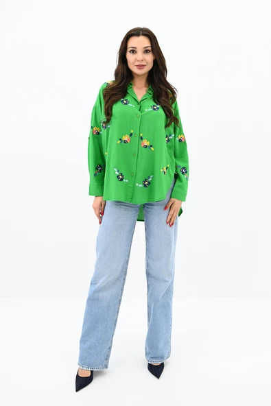 Kadın Nakış İşlemeli Oversize Gömlek 1735-24 - 7