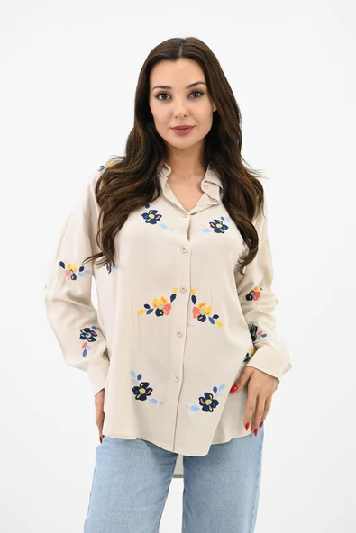 Kadın Nakış İşlemeli Oversize Gömlek 1735-24 - 10