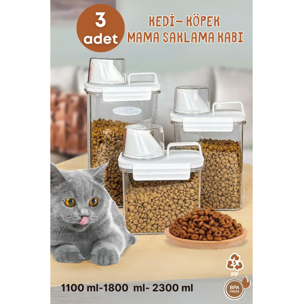 3 Lü Sızdırmaz Depolama Kedi Köpek Mama Saklama Kabı- Ölçekli Erzak Saklama 1100 ml 1800 ml 2300 ml