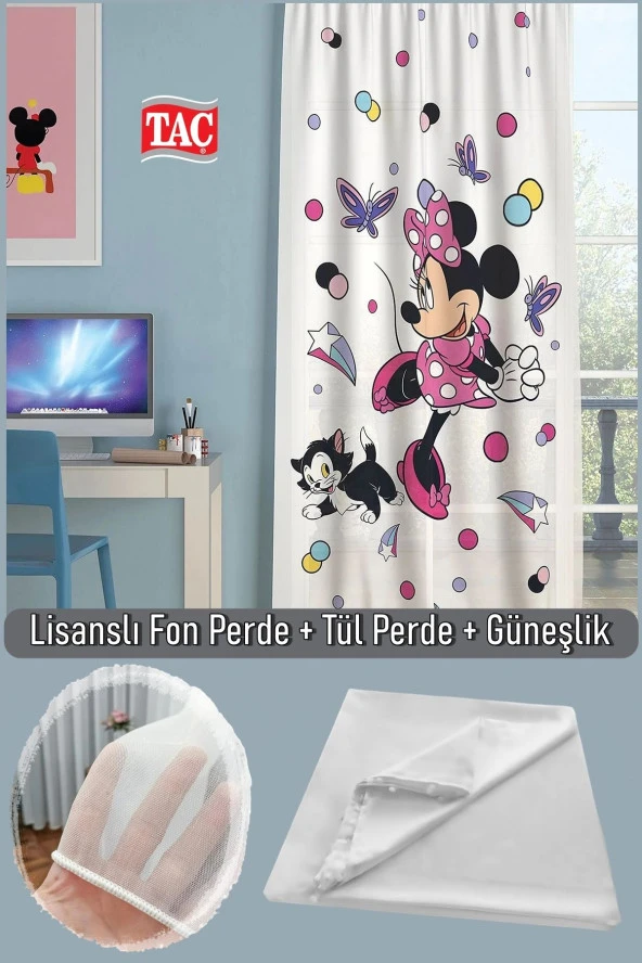 Taç Disney Minnie Cute Kız Çocuk Odası Fon Perde Bambu Pilesiz Tül Perde Saten Güneşlik