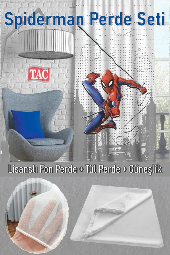 Taç Spiderman Action Erkek Çocuk Odası Fon Perde Bambu Pilesiz Tül Perde Saten Güneşlik