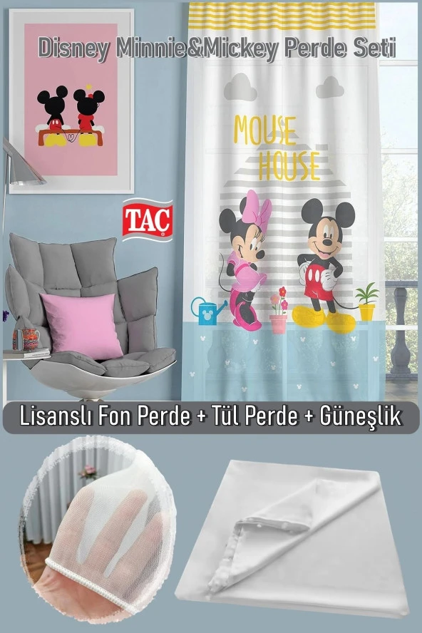 Taç Disney Minnie & Mickey Tekli Fon Perde + Bambu Pilesiz Tül Perde + Saten Güneşlik