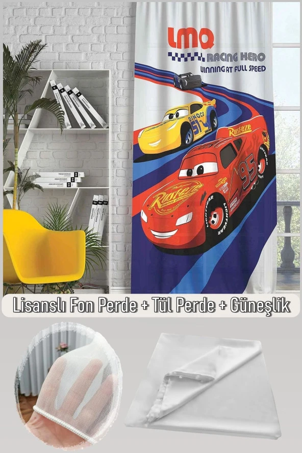 Taç Disney Cars Race Tekli Fon Perde + Bambu Pilesiz Tül Perde + Saten Güneşlik