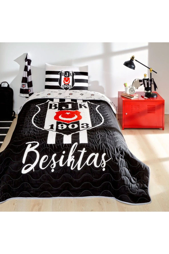 Taç Lisanslı Beşiktaş Stripe Tek Kişilik Yatak Örtüsü Seti