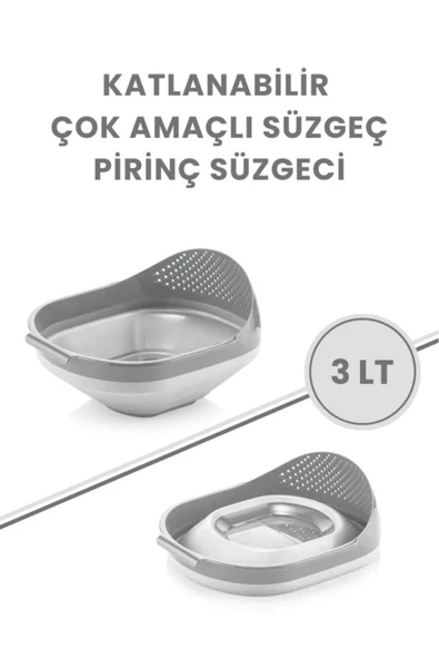 Katlanır Pirinç Süzgeci - Akordiyon Katlanabilir Süzgeç GRİ - Resim 3