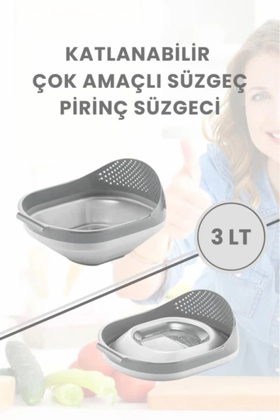 Katlanır Pirinç Süzgeci - Akordiyon Katlanabilir Süzgeç GRİ - Resim 4