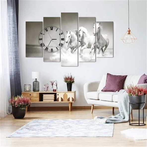 Beyaz Atlar 5 Parçalı Saatli Kanvas Tablo ürün görseli