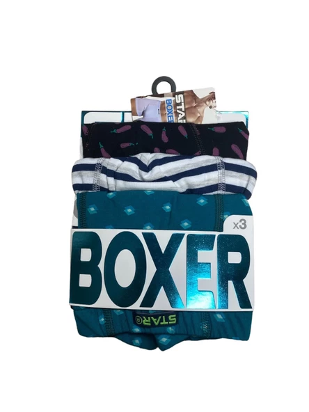 Star 106 Desenli Pamuklu Kemer Likralı 3'lü Boxer - 3