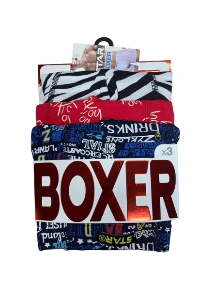 Star 106 Desenli Pamuklu Kemer Likralı 3'lü Boxer - 4