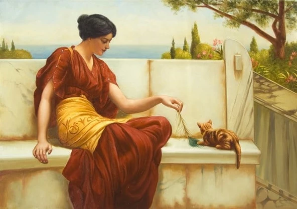 Tüyle Oynayan Kedi ve Kadın - Kanvas Tablo ürün görseli