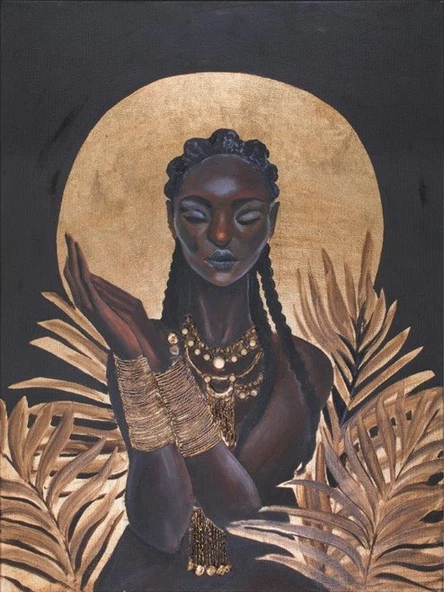 Altın Yaprakların İçindeki Kadın - Kanvas Tablo ürün görseli 1