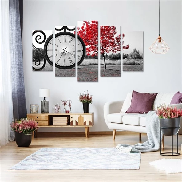 Kızıl Ağaç Saatli 5 Parçalı Kanvas Tablo ürün görseli