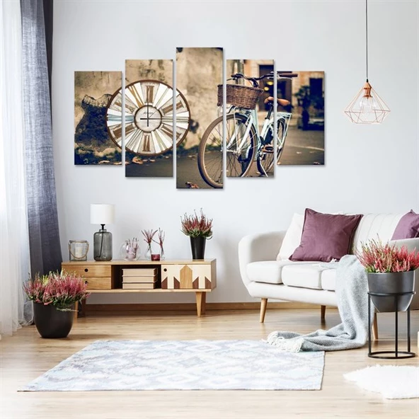 Retro Bisiklet Saatli 5 Parçalı Kanvas Tablo ürün görseli