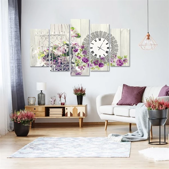 Mor Çiçekli Kafes Saatli 5 Parçalı Kanvas Tablo ürün görseli