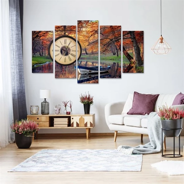 Sonbaharda Göl - Saatli 5 Parçalı Kanvas Tablo ürün görseli 1