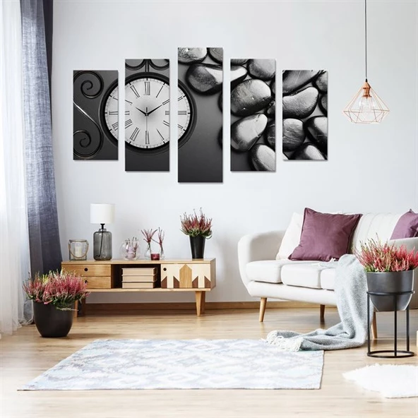 Islak Taşlar - Saatli 5 Parçalı Kanvas Tablo ürün görseli 1