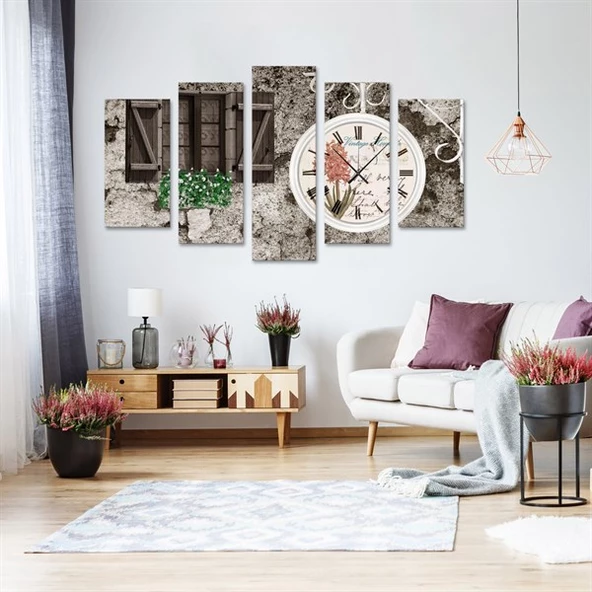 Pencere Saatli 5 Parçalı Kanvas Tablo ürün görseli