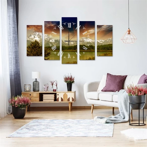 Doğa Saatli 5 Parçalı Kanvas Tablo ürün görseli