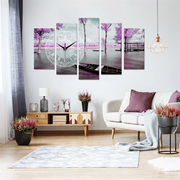 Mor Ağaçlı Göl Saatli 5 Parçalı Kanvas Tablo ürün görseli
