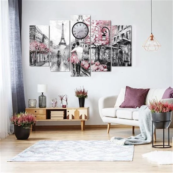 Pariste Bir Çift Saatli 5 Parçalı Kanvas Tablo ürün görseli 1