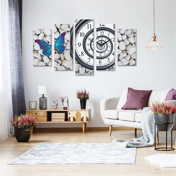 Beyaz Taşlar ve Mavi Kelebek - Saatli 5 Parçalı Kanvas Tablo ürün görseli 1