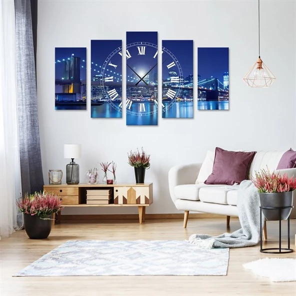Köprü - Saatli 5 Parçalı Kanvas Tablo ürün görseli 1
