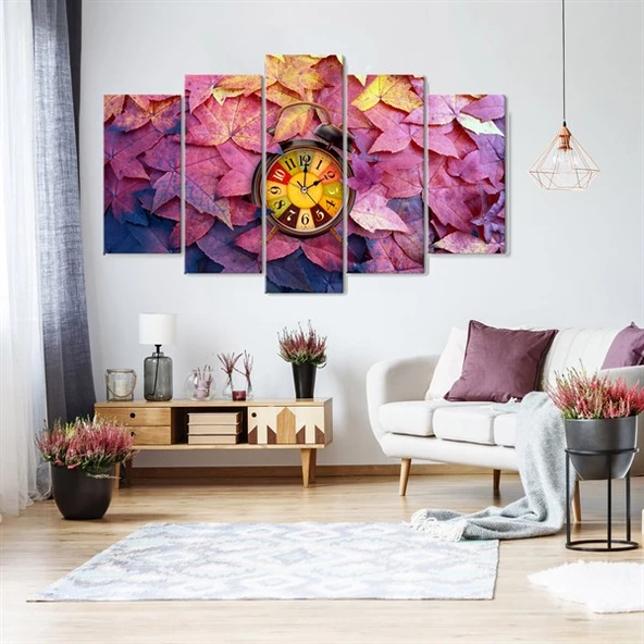 Mor Yapraklar Saatli 5 Parçalı Kanvas Tablo ürün görseli