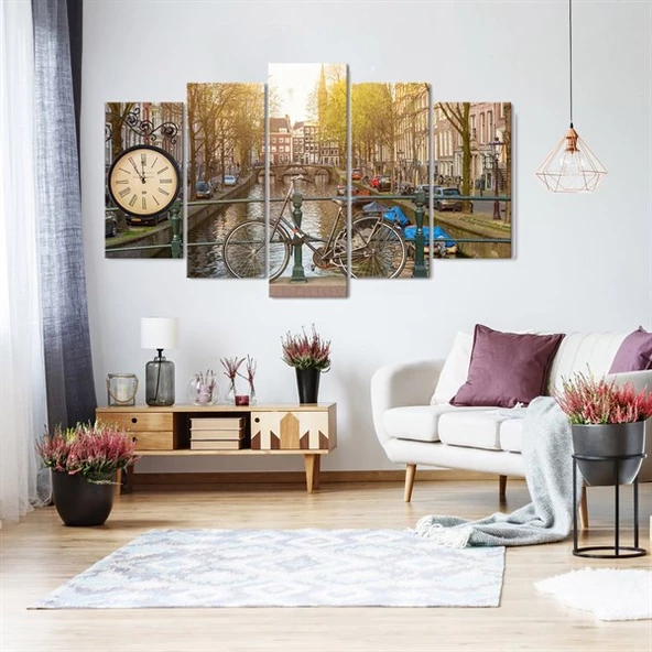 Amsterdam Kanal Saatli 5 Parçalı Kanvas Tablo ürün görseli