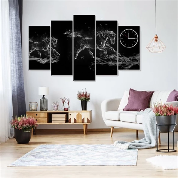 Hayalet Atlar Saatli 5 Parçalı Kanvas Tablo ürün görseli