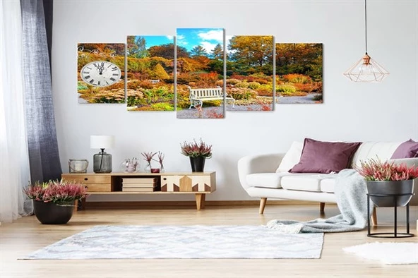 Sonbahar Renkleri 5 Parçalı Saatli Kanvas Tablo ürün görseli