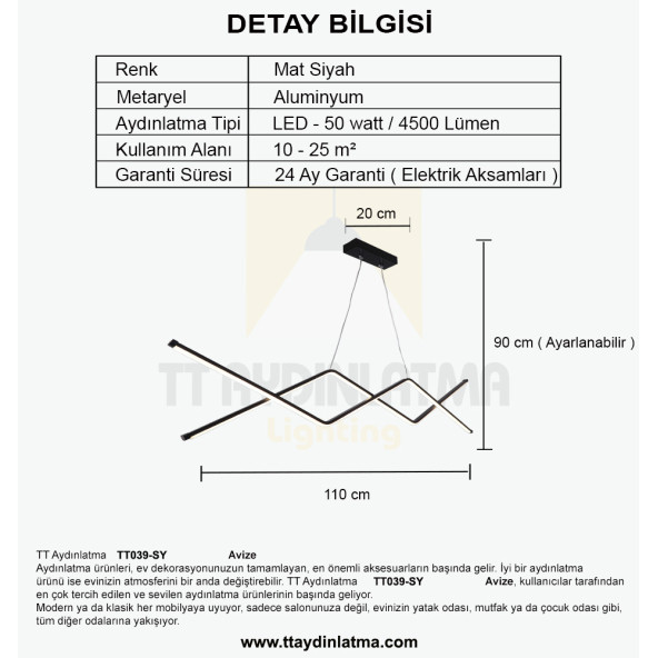 TT Aydınlatma TT039-SY  Zikzak Masa Üstü Modeli Siyah Led Avize - Resim 4