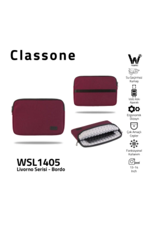 Livorno Serisi Wsl1405 13-14" Su Geçirmez Kumaş , Macbook, Notebook, Tablet Kılıfı-bordo - 2