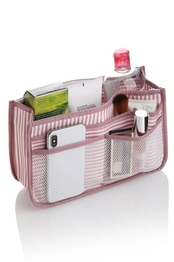 Çok Amaçlı Çanta Içi Düzenleyici Organizer Pembe Çizgili 28x9x16 Cm