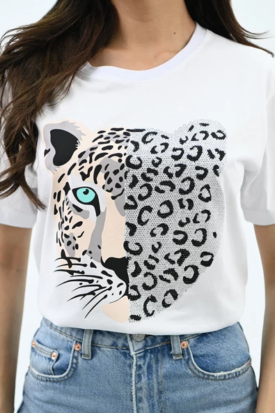 Kadın Leopar Baskılı T-shirt 1731-24 - 10