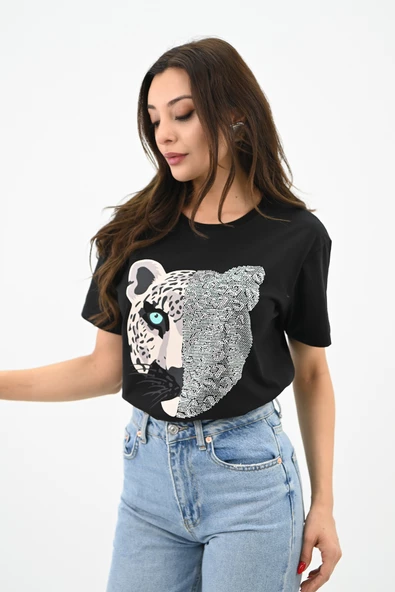 Kadın Leopar Baskılı T-shirt 1731-24 - 4