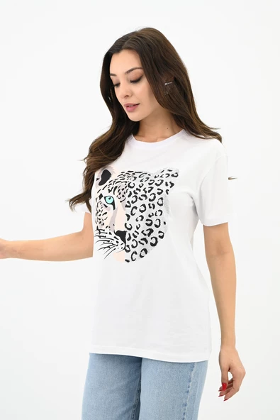 Kadın Leopar Baskılı T-shirt 1731-24 - 6