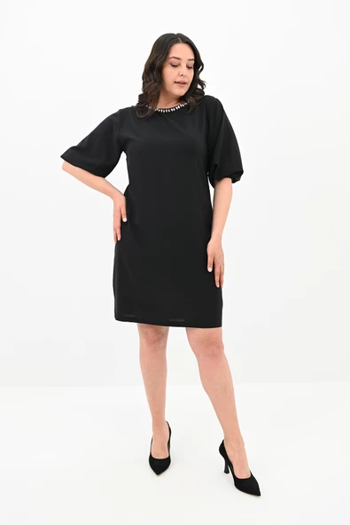 Kadın Büyük Beden Yaka Taş İşlemeli Elbise 5211-24 - 2