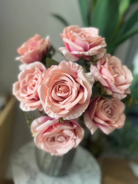 Nettenevime Yapay Çiçek 7li Gül Demeti 40*30cm 1.Kalite Büyükboy MERCAN PEMBE ürün görseli 1