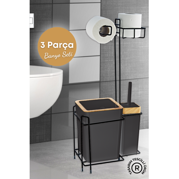 Ahşap Desenli Metal Standlı Yedekli Wc Kağıtlık Banyo Seti Siyah 3 Adet Duş Lifi Hediye - 1