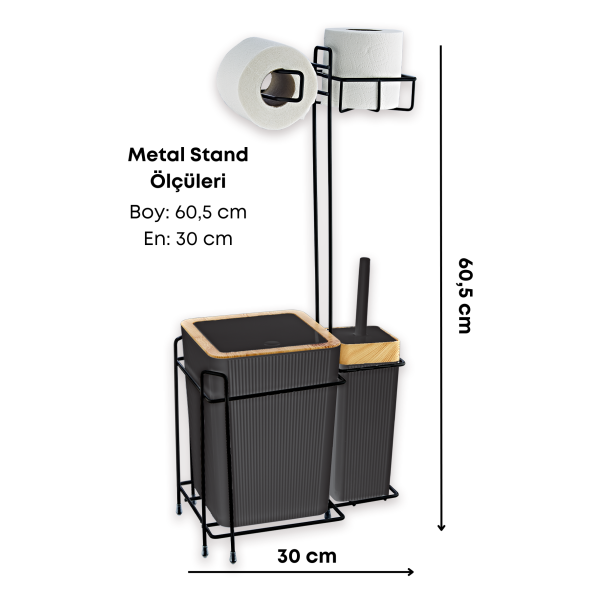 Ahşap Desenli Metal Standlı Yedekli Wc Kağıtlık Banyo Seti Siyah 3 Adet Duş Lifi Hediye - 3