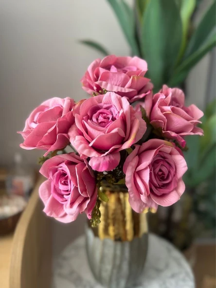 Nettenevime Yapay Çiçek 7li Gül Demeti 40*30cm 1.Kalite Büyükboy FUŞYA PEMBE - Resim 3