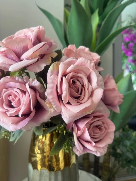 Nettenevime Yapay Çiçek 7li Gül Demeti 40*30cm 1.Kalite Büyükboy GÜLKURUSU PEMBE - 3