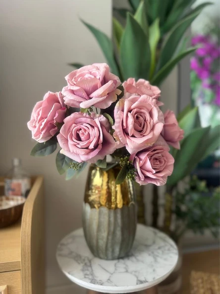 Nettenevime Yapay Çiçek 7li Gül Demeti 40*30cm 1.Kalite Büyükboy GÜLKURUSU PEMBE - 2