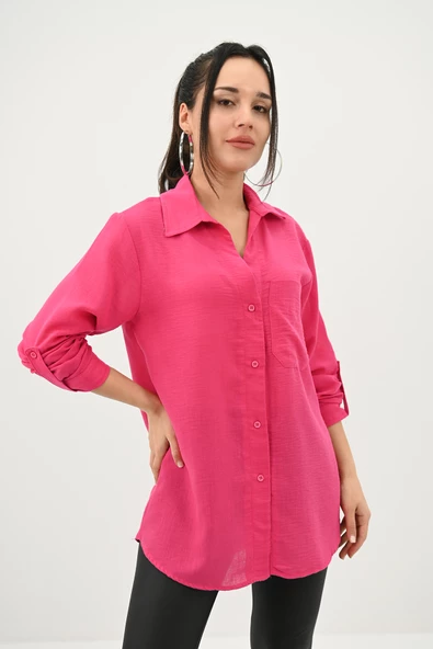 Kadın Keten Cep Detaylı Gömlek 1732-24 - 8